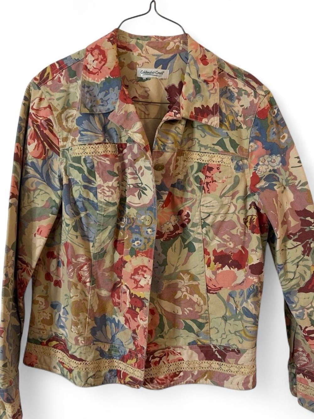 Coldwater Creek Vintage Spring Bloom Floral Cotton Twill Crochet Lace Jacket